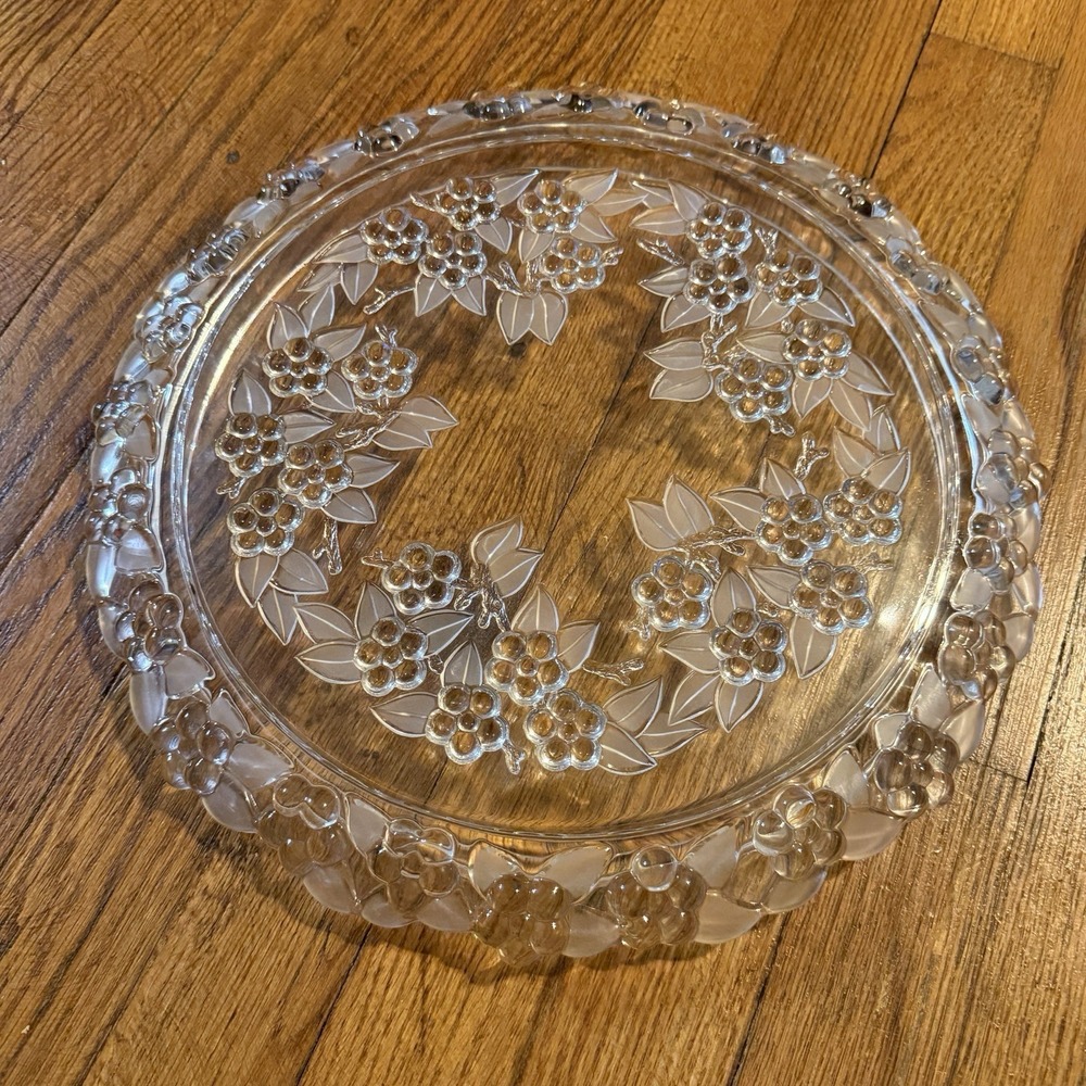 Mikasa Crystal Cake Platter with Frosted Leaves and Berries Design Vintage